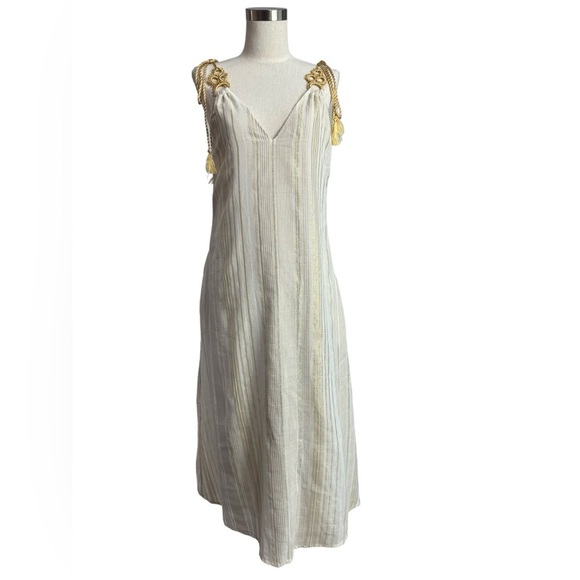 My Beachy Side Anthropolgie Gold/ White Striped Midi Dress Gold Tassel NWT S - Picture 1 of 9